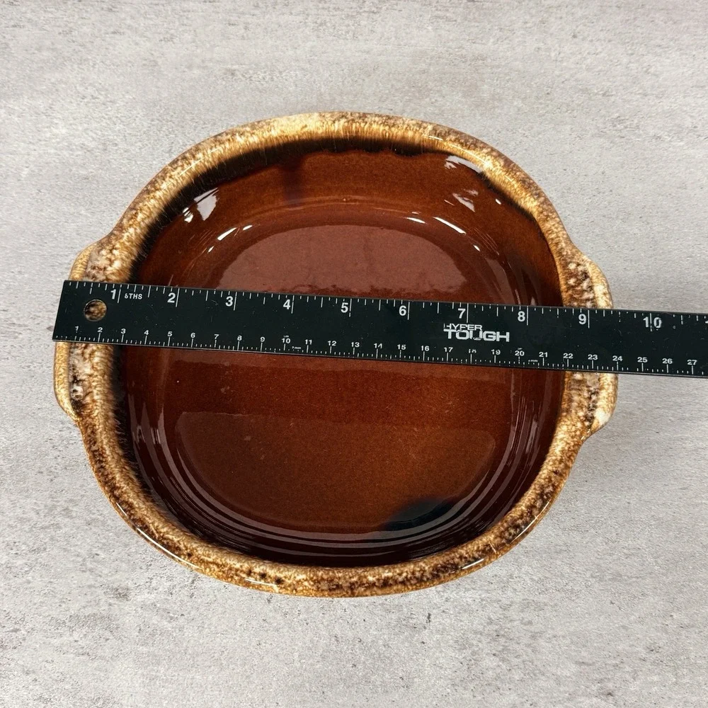 Hull Brown Drip Glaze Round Handled Stoneware Baking Serving Dish Vintage USA 9